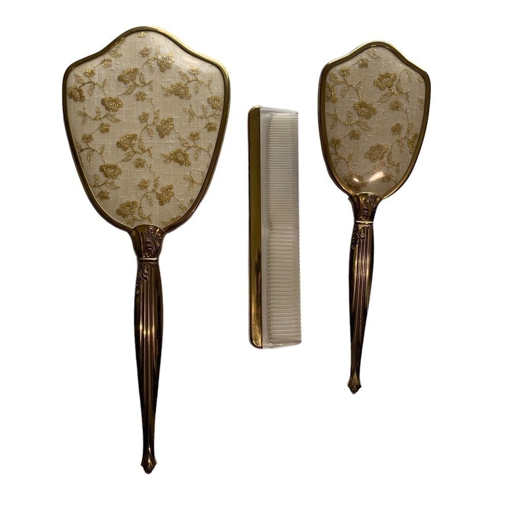 Vintage Gold tone Vanity Mirror Brush Comb Three Piece Set